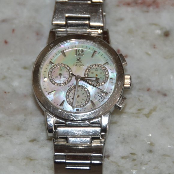 RARE VINTAGE ESTATE MAYORS BIRKS DIAMOND WHITE MOP CHRONOGRAPH SILVER BAND WATCH main image 6